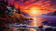 A Quaint Cabin Perched On A Rocky Outcrop Overlooking A Sandy Beach, With Waves Crashing Against The Shore Below And A Dramatic Sunset Sky Ablaze With Vibrant Hues Of Orange And Purple.