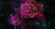 Image of purple shapes over padlock icon with computer circuit board on black background