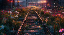 Railroad Track Covered With Flowers. A Broken Old Train, Worn Out By Age