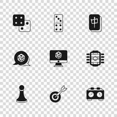 Sticker - Set Classic dart board and arrow, Table football, Time chess clock, Game dice, Mahjong pieces, Domino and icon. Vector