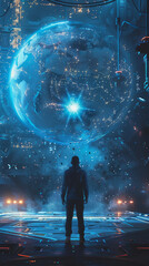 Wall Mural - A man stands in front of a blue planet with a bright light in the center. The scene is futuristic and otherworldly, with a sense of wonder and curiosity