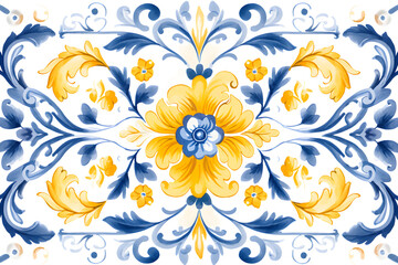 Pattern of azulejos tiles. Rustic blue and yellow tile watercolor seamless pattern.