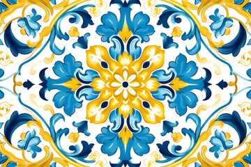 Pattern of azulejos tiles. Rustic blue and yellow tile watercolor seamless pattern.