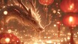 A Chinese dragon, surrounded by red lanterns and hanging on the wall. 