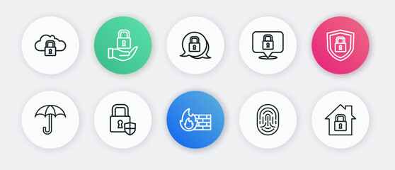 Sticker - Set line Firewall, security wall, Shield with lock, Umbrella, Fingerprint, Lock, House under protection and icon. Vector