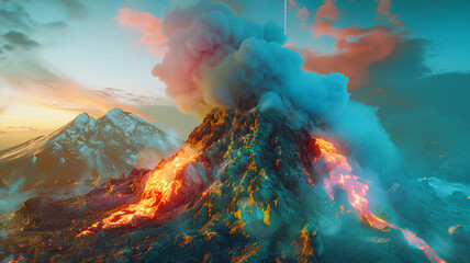 view of a volcanic eruption. Smoking lava. neon rainbow light natural view of the mountain