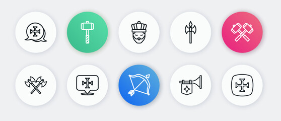 Sticker - Set line Medieval bow and arrow, Crossed battle hammers, medieval axes, Trumpet with flag, King crown, Crusade and icon. Vector