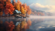 A Cozy Cabin Nestled Among Colorful Autumn Foliage On The Shore Of A Tranquil Lake, The Water Shimmering With Reflections Of The Vibrant Trees.