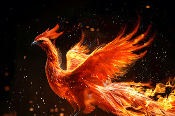 Wall Mural - Phoenix  fire bird with its wings spread out. A magical creature made of fire isolated on black background