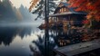 A charming lakeside cabin engulfed by lush greenery, overlooking a pristine mountain lake reflecting the vivid colors of the surrounding landscape.
