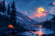  Illustrations Camping Trip,
Painting of a camping site at night with a tent and a campfire 