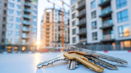 Keys on background of new apartment buildings. Mortgage, home loan, investment, rent, real estate, property concept