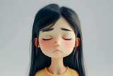 Fototapeta Dmuchawce - Sad upset disappointed depressed Asian cartoon character girl young woman female person with closed eyes in 3d style design on light background. Human people feelings expression concept