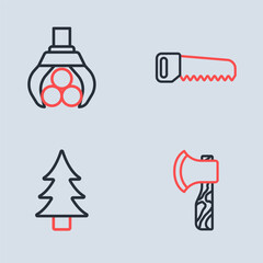 Poster - Set line Hand saw, Tree, Wooden axe and Grapple crane grabbed log icon. Vector