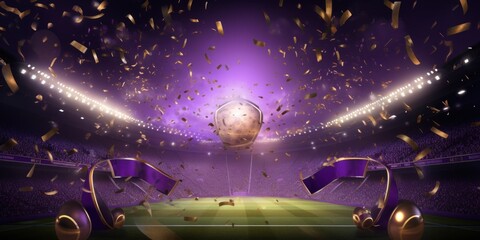 Wall Mural - Purple background, lights and golden confetti on the purple background, football stadium with spotlights, banner for sports events