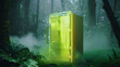 the refrigerator is in the forest. old cooling machine forest night background