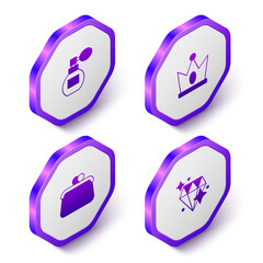 Canvas Print - Set Isometric Perfume, King crown, Handbag and Diamond icon. Purple hexagon button. Vector