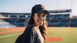 © photo for everything - beautiful teenage girl model in a baseball stadium wearing red bomber jacket, hipster rounded glasses and blue cap