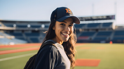 Wall Mural - beautiful teenage girl model in a baseball stadium wearing red bomber jacket, hipster rounded glasses and blue cap