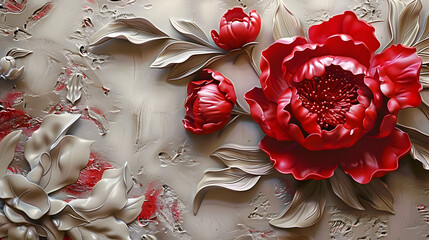 Wall Mural - Red decorative volumetric peony flower on the background of a decorative wall.