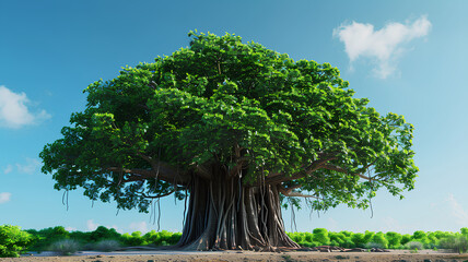 Beautiful big banyan tree, taller than other trees. at the Sydney Botanical Gardens