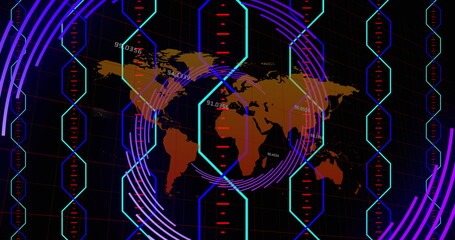 Poster - Image of abstract shapes and light trails spinning over world map against black background