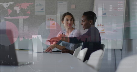 Poster - Image of financial data processing over businesswomen in office