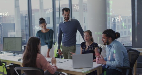 Wall Mural - Image of financial data processing over diverse business people in office