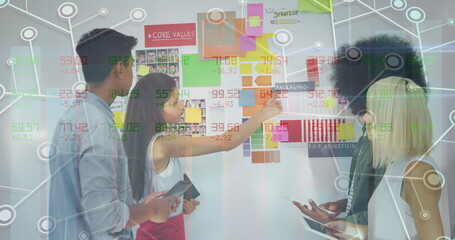 Poster - Image of financial data processing over diverse business people working at office