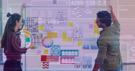 Poster - Image of financial data processing over diverse business people working at office