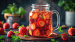 A mason jar filled with fresh strawberries and mint leaves, set on a wooden table with scattered strawberries and mint around.