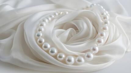  Front view of silk scarf and a string of white pearls on a white background