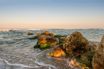 Wall Mural - Mediterranean coast. Sea surf with white foam of waves. Morning sunrise on the coast of Israel, rocks, sea sand and water.