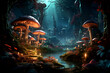 Fantasy fantasy landscape with mushrooms in the dark forest. 3d illustration