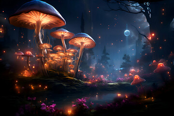 Wall Mural - Fantasy landscape with mushrooms in the forest. 3d illustration.