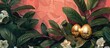 Gold eggs shimmer in the center of vibrant flowers and lush green leaves in a painting.