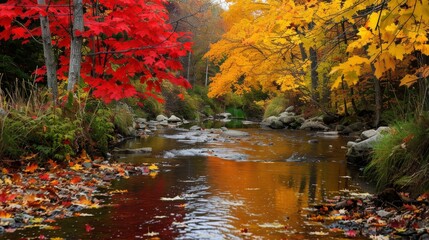 Wall Mural - Autumn Leaves: A photo of a gentle stream surrounded by trees with leaves in various shades of red and yellow