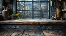 Rustic Wooden Room With A Large Window, Vintage Clock, And Decorative Plants, Creating A Cozy, Old-world Atmosphere.