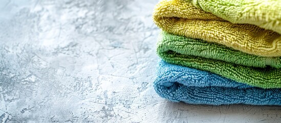 A stack of green and blue handled washcloths neatly arranged on top of a table, ready for use or display.