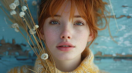 Wall Mural - Close-up portrait of a young woman with red hair and freckles, holding dried flowers, against a blue textured background.