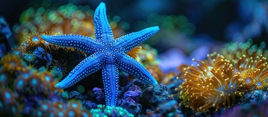 Wall Mural - A close-up view of a vibrant blue starfish resting on a coral reef.
