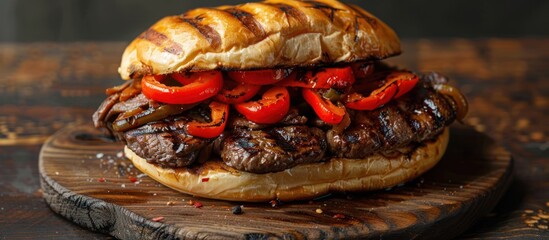 Wall Mural - A hamburger consisting of meat, tomatoes, and onions is displayed on a wooden cutting board.