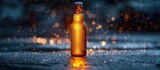 Fototapeta  - A beer bottle placed on a wet ground surface, reflecting light off the wet surface.