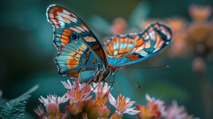 Wall Mural - Insects and Bugs: A macro close-up photo of a colorful butterfly perched on a flower