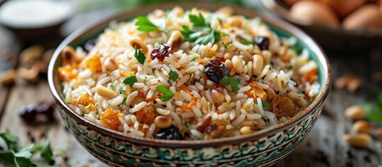 Poster - A bowl filled with traditional Turkish rice pilaf topped with pine nuts and currants, resting on a table.