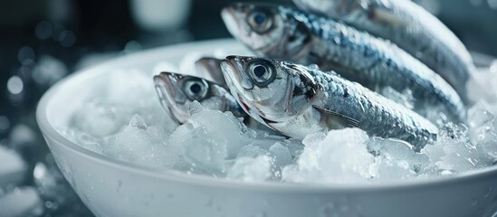 Sardines sitting on ice in a white bowl.