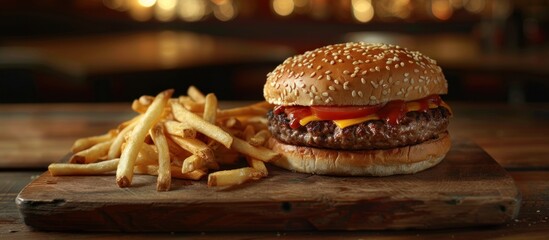Wall Mural - A classic hamburger and crispy french fries placed on a wooden cutting board, ready to be served.