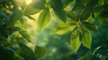 Wall Mural - Seasonal Leaves: A photo of green leaves illuminated by warm sunlight