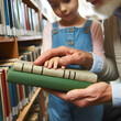 Photo of an elderly librarian helping a child find books with a close up on their hands and the book spines promoting the value of literacy and learning