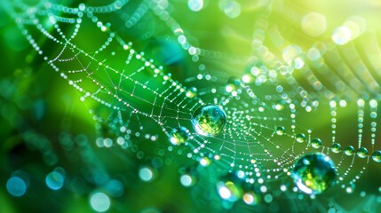 Wall Mural - Water Droplets: A macro close-up photo of water droplets on a spider web